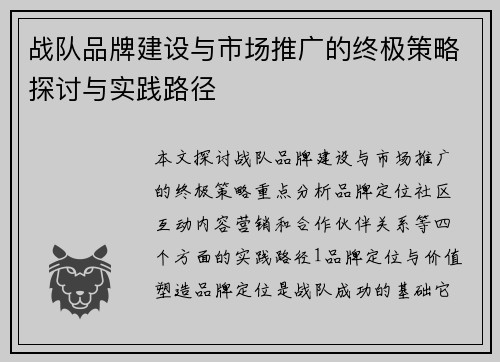战队品牌建设与市场推广的终极策略探讨与实践路径